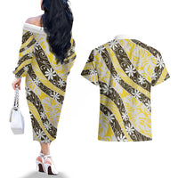 Rearea Tahiti Tiare Monstera Couples Matching Off The Shoulder Long Sleeve Dress and Hawaiian Shirt Polynesian Pattern Curve Style LT01 - Polynesian Pride