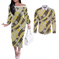 Rearea Tahiti Tiare Monstera Couples Matching Off The Shoulder Long Sleeve Dress and Long Sleeve Button Shirt Polynesian Pattern Curve Style LT01 Yellow - Polynesian Pride