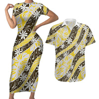Rearea Tahiti Tiare Monstera Couples Matching Short Sleeve Bodycon Dress and Hawaiian Shirt Polynesian Pattern Curve Style LT01 Yellow - Polynesian Pride