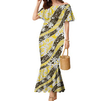 Rearea Tahiti Tiare Monstera Family Matching Mermaid Dress and Hawaiian Shirt Polynesian Pattern Curve Style LT01 Mom's Dress Yellow - Polynesian Pride