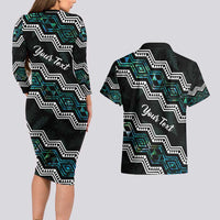 Personalised Taniko Aotearoa Mix Paua Shell Couples Matching Long Sleeve Bodycon Dress and Hawaiian Shirt Niho Taniwha Turquoise Glitter LT01 - Polynesian Pride