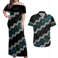 Personalised Taniko Aotearoa Mix Paua Shell Couples Matching Off Shoulder Maxi Dress and Hawaiian Shirt Niho Taniwha Turquoise Glitter LT01 Turquoise - Polynesian Pride