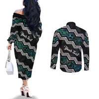 Personalised Taniko Aotearoa Mix Paua Shell Couples Matching Off The Shoulder Long Sleeve Dress and Long Sleeve Button Shirt Niho Taniwha Turquoise Glitter LT01 - Polynesian Pride