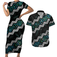 Personalised Taniko Aotearoa Mix Paua Shell Couples Matching Short Sleeve Bodycon Dress and Hawaiian Shirt Niho Taniwha Turquoise Glitter LT01 Turquoise - Polynesian Pride