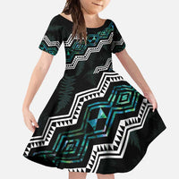 Personalised Taniko Aotearoa Mix Paua Shell Family Matching Long Sleeve Bodycon Dress and Hawaiian Shirt Niho Taniwha Turquoise Glitter LT01 Daughter's Dress Turquoise - Polynesian Pride