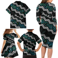 Personalised Taniko Aotearoa Mix Paua Shell Family Matching Long Sleeve Bodycon Dress and Hawaiian Shirt Niho Taniwha Turquoise Glitter LT01 - Polynesian Pride
