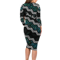 Personalised Taniko Aotearoa Mix Paua Shell Family Matching Long Sleeve Bodycon Dress and Hawaiian Shirt Niho Taniwha Turquoise Glitter LT01 - Polynesian Pride
