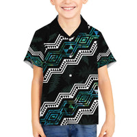Personalised Taniko Aotearoa Mix Paua Shell Family Matching Off The Shoulder Long Sleeve Dress and Hawaiian Shirt Niho Taniwha Turquoise Glitter LT01 Son's Shirt Turquoise - Polynesian Pride