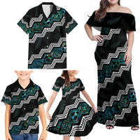 Personalised Taniko Aotearoa Mix Paua Shell Family Matching Off Shoulder Maxi Dress and Hawaiian Shirt Niho Taniwha Turquoise Glitter LT01 - Polynesian Pride