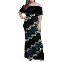 Personalised Taniko Aotearoa Mix Paua Shell Family Matching Off Shoulder Maxi Dress and Hawaiian Shirt Niho Taniwha Turquoise Glitter LT01 Mom's Dress Turquoise - Polynesian Pride