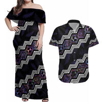 Personalised Taniko Aotearoa Mix Paua Shell Couples Matching Off Shoulder Maxi Dress and Hawaiian Shirt Niho Taniwha Lilac Glitter LT01 Purple - Polynesian Pride