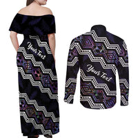 Personalised Taniko Aotearoa Mix Paua Shell Couples Matching Off Shoulder Maxi Dress and Long Sleeve Button Shirt Niho Taniwha Lilac Glitter