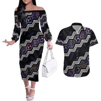 Personalised Taniko Aotearoa Mix Paua Shell Couples Matching Off The Shoulder Long Sleeve Dress and Hawaiian Shirt Niho Taniwha Lilac Glitter LT01 Purple - Polynesian Pride