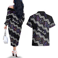 Personalised Taniko Aotearoa Mix Paua Shell Couples Matching Off The Shoulder Long Sleeve Dress and Hawaiian Shirt Niho Taniwha Lilac Glitter LT01 - Polynesian Pride