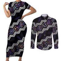 Personalised Taniko Aotearoa Mix Paua Shell Couples Matching Short Sleeve Bodycon Dress and Long Sleeve Button Shirt Niho Taniwha Lilac Glitter LT01 Purple - Polynesian Pride