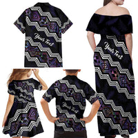 Personalised Taniko Aotearoa Mix Paua Shell Family Matching Off Shoulder Maxi Dress and Hawaiian Shirt Niho Taniwha Lilac Glitter LT01 - Polynesian Pride
