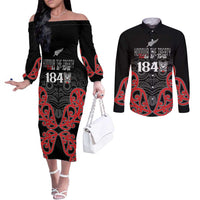 Toitu Te Tiriti 1840 Aotearoa Couples Matching Off The Shoulder Long Sleeve Dress and Long Sleeve Button Shirt Stand Together Stand Stronger LT01 Black - Polynesian Pride