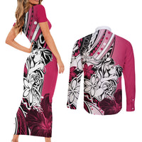 Polynesian Valentine Couples Matching Short Sleeve Bodycon Dress and Long Sleeve Button Shirt Couple Floral Unique Pink Version LT01 - Polynesian Pride