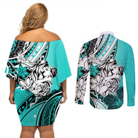 Polynesian Valentine Couples Matching Off Shoulder Short Dress and Long Sleeve Button Shirt Couple Floral Unique Turquoise Version LT01 - Polynesian Pride