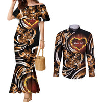Personalised Polynesian Fiery Heart Couples Matching Mermaid Dress and Long Sleeve Button Shirt Passionate Love LT01 Black - Polynesian Pride