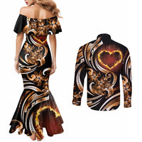 Personalised Polynesian Fiery Heart Couples Matching Mermaid Dress and Long Sleeve Button Shirt Passionate Love LT01 - Polynesian Pride