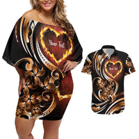 Personalised Polynesian Fiery Heart Couples Matching Off Shoulder Short Dress and Hawaiian Shirt Passionate Love LT01 Black - Polynesian Pride