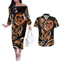 Personalised Polynesian Fiery Heart Couples Matching Off The Shoulder Long Sleeve Dress and Hawaiian Shirt Passionate Love LT01 Black - Polynesian Pride