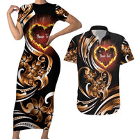Personalised Polynesian Fiery Heart Couples Matching Short Sleeve Bodycon Dress and Hawaiian Shirt Passionate Love LT01 Black - Polynesian Pride