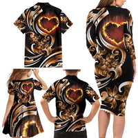 Personalised Polynesian Fiery Heart Family Matching Long Sleeve Bodycon Dress and Hawaiian Shirt Passionate Love LT01 - Polynesian Pride