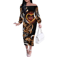 Personalised Polynesian Fiery Heart Family Matching Off The Shoulder Long Sleeve Dress and Hawaiian Shirt Passionate Love LT01 Mom's Dress Black - Polynesian Pride