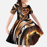 Personalised Polynesian Fiery Heart Family Matching Summer Maxi Dress and Hawaiian Shirt Passionate Love LT01 Daughter's Dress Black - Polynesian Pride