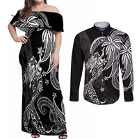 Polynesian Mermaid Plumeria Tribal Tattoo Couples Matching Off Shoulder Maxi Dress and Long Sleeve Button Shirt LT01 Black - Polynesian Pride
