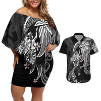 Polynesian Mermaid Plumeria Tribal Tattoo Couples Matching Off Shoulder Short Dress and Hawaiian Shirt LT01 Black - Polynesian Pride