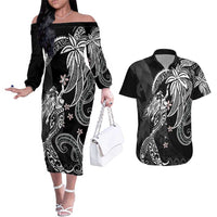 Polynesian Mermaid Plumeria Tribal Tattoo Couples Matching Off The Shoulder Long Sleeve Dress and Hawaiian Shirt LT01 Black - Polynesian Pride