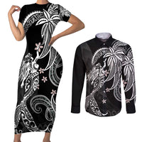 Polynesian Mermaid Plumeria Tribal Tattoo Couples Matching Short Sleeve Bodycon Dress and Long Sleeve Button Shirt LT01 Black - Polynesian Pride