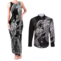 Polynesian Mermaid Plumeria Tribal Tattoo Couples Matching Tank Maxi Dress and Long Sleeve Button Shirt LT01 Black - Polynesian Pride