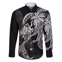 Polynesian Mermaid Plumeria Tribal Tattoo Family Matching Off Shoulder Short Dress and Hawaiian Shirt LT01 Dad's Shirt - Long Sleeve Black - Polynesian Pride