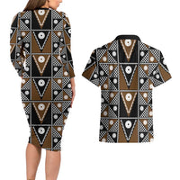 Fiji Brown Masi Pattern Couples Matching Long Sleeve Bodycon Dress and Hawaiian Shirt Fijian Tapa LT01 - Polynesian Pride