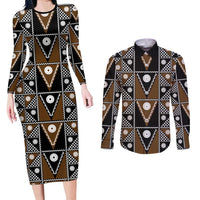 Fiji Brown Masi Pattern Couples Matching Long Sleeve Bodycon Dress and Long Sleeve Button Shirt Fijian Tapa LT01 Brown - Polynesian Pride
