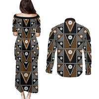 Fiji Brown Masi Pattern Couples Matching Puletasi and Long Sleeve Button Shirt Fijian Tapa