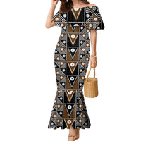 Fiji Brown Masi Pattern Family Matching Mermaid Dress and Hawaiian Shirt Fijian Tapa LT01 Mom's Dress Brown - Polynesian Pride
