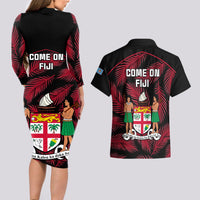 Fiji Rugby Couples Matching Long Sleeve Bodycon Dress and Hawaiian Shirt Flying Fijians Red Palm Tree Version LT01 - Polynesian Pride