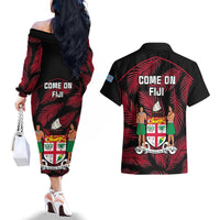 Fiji Rugby Couples Matching Off The Shoulder Long Sleeve Dress and Hawaiian Shirt Flying Fijians Red Palm Tree Version LT01 - Polynesian Pride
