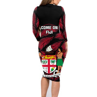 Fiji Rugby Family Matching Long Sleeve Bodycon Dress and Hawaiian Shirt Flying Fijians Red Palm Tree Version LT01 - Polynesian Pride