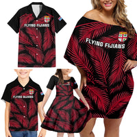 Fiji Rugby Family Matching Off Shoulder Short Dress and Hawaiian Shirt Flying Fijians Red Palm Tree Version LT01 - Polynesian Pride