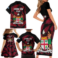 Fiji Rugby Family Matching Short Sleeve Bodycon Dress and Hawaiian Shirt Flying Fijians Red Palm Tree Version LT01 - Polynesian Pride