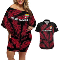 Custom Fiji Rugby Couples Matching Off Shoulder Short Dress and Hawaiian Shirt Flying Fijians Red Palm Tree Version LT01 Black - Polynesian Pride