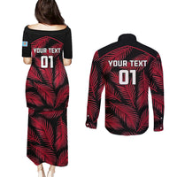 Custom Fiji Rugby Couples Matching Puletasi Dress and Long Sleeve Button Shirts Flying Fijians Red Palm Tree Version LT01 - Polynesian Pride