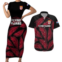 Custom Fiji Rugby Couples Matching Short Sleeve Bodycon Dress and Hawaiian Shirt Flying Fijians Red Palm Tree Version LT01 Black - Polynesian Pride