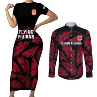 Custom Fiji Rugby Couples Matching Short Sleeve Bodycon Dress and Long Sleeve Button Shirts Flying Fijians Red Palm Tree Version LT01 Black - Polynesian Pride